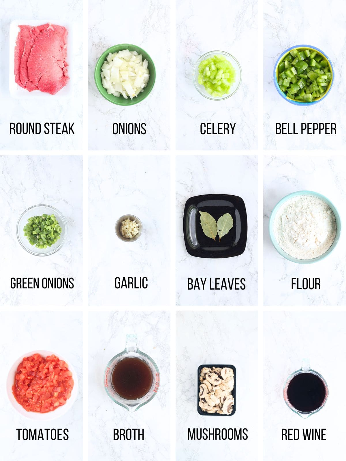 Collage of ingredients needed to make grillades.