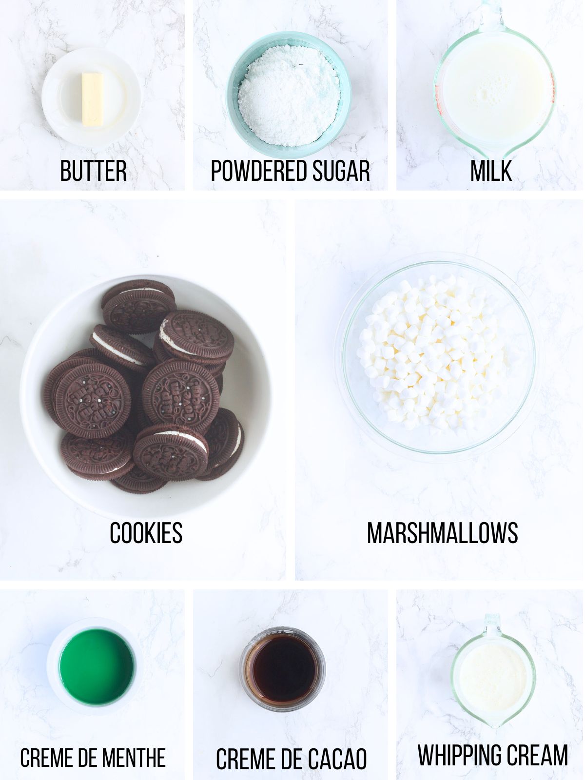 Collage of ingredients needed to make grasshopper pie.