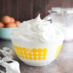 Pie meringue piled high in a mixing bowl.