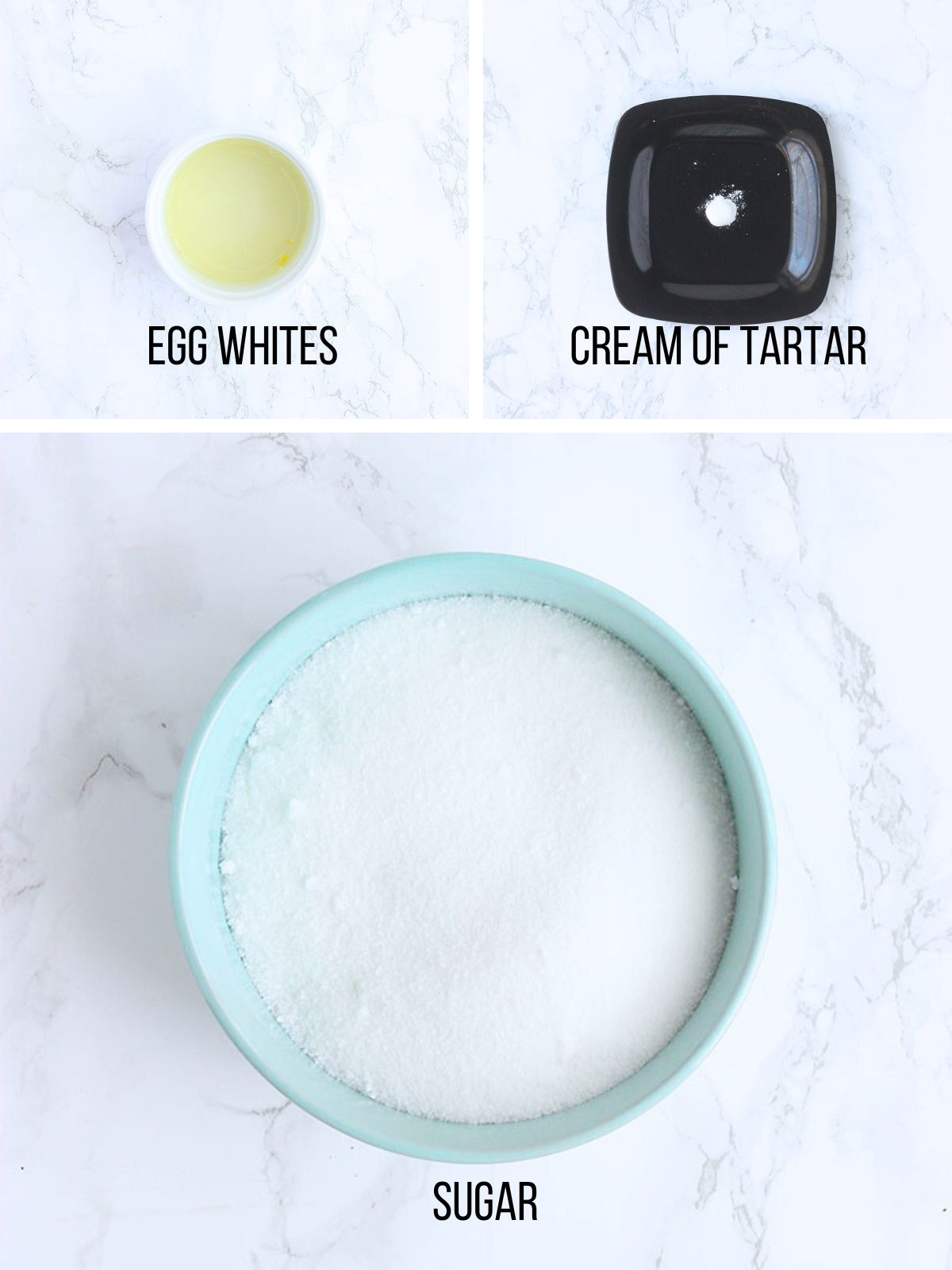 Collage of ingredients needed to make pie meringue.