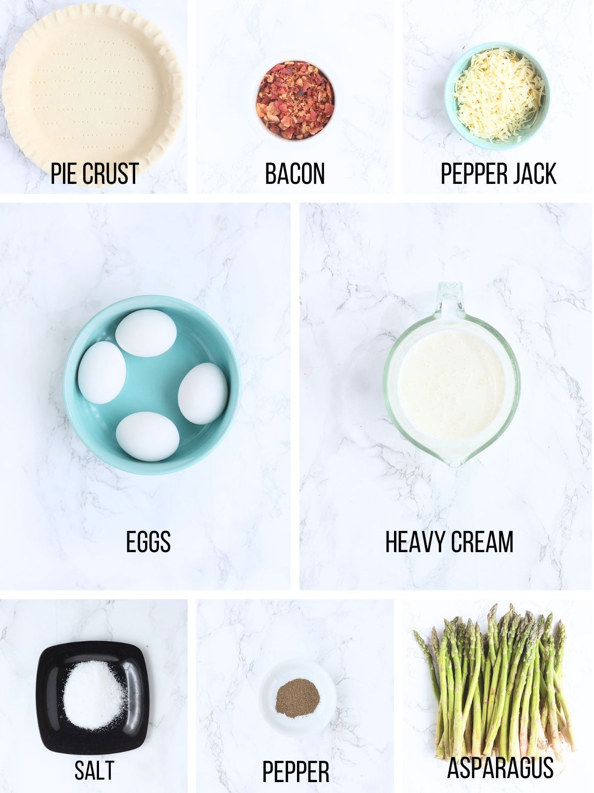 Collage of ingredients needed to make asparagus quiche.