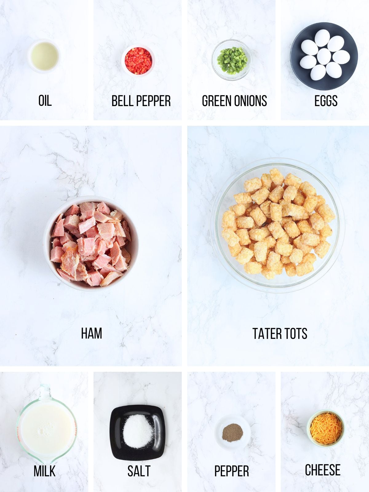 Collage of ingredient needed to make breakfast ham casserole with tater tots.