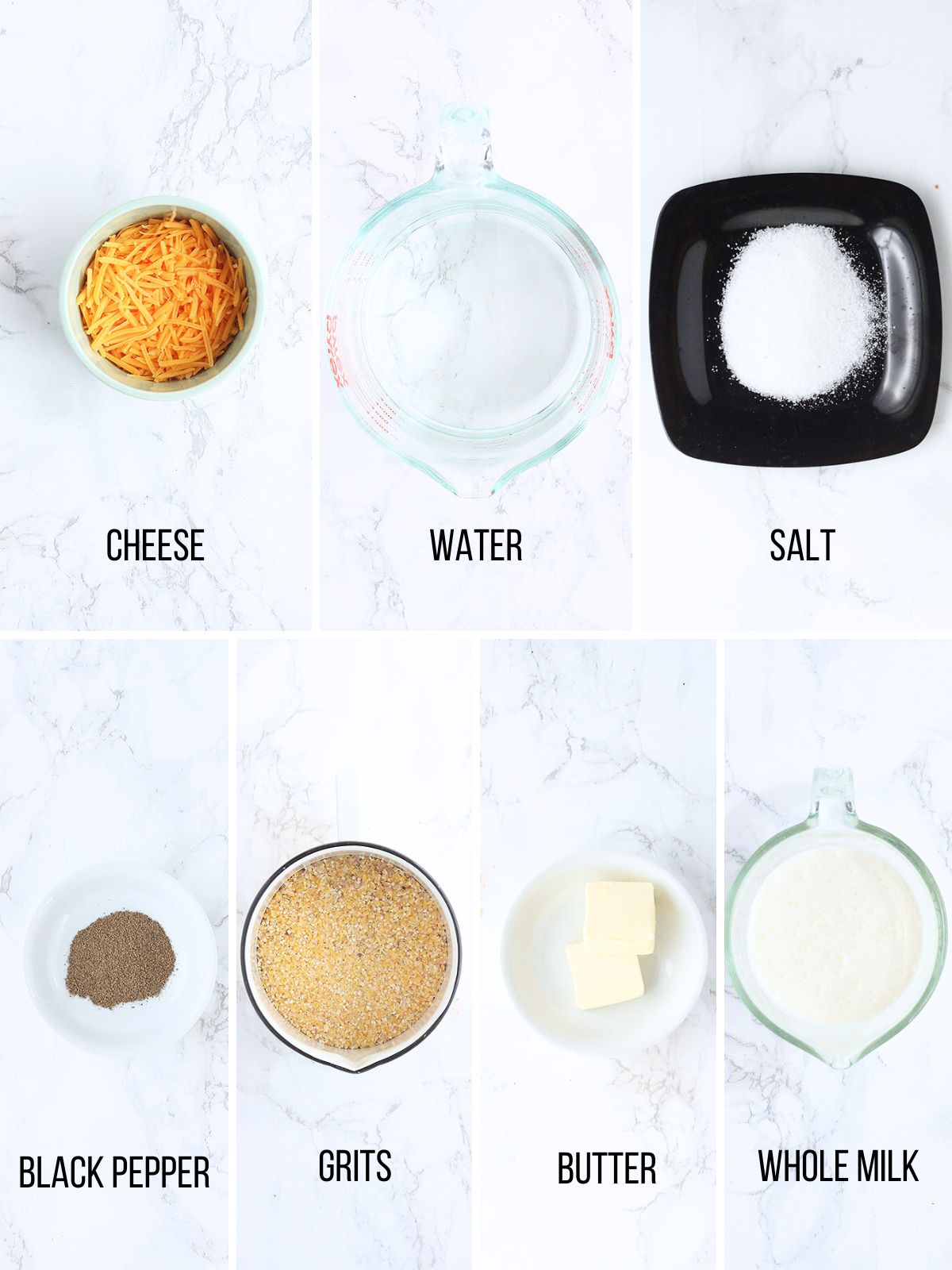 Collage of ingredients needed to make cheese grits.