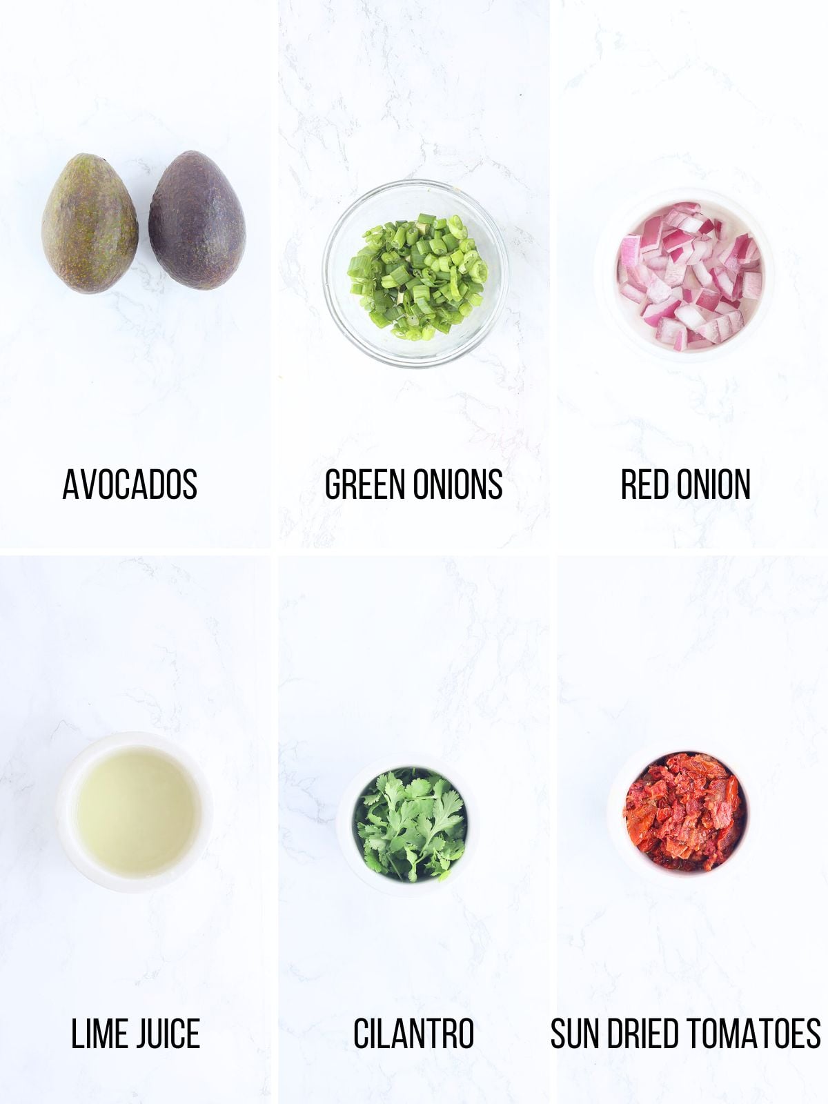 Collage of ingredients needed to make chunky guacamole.