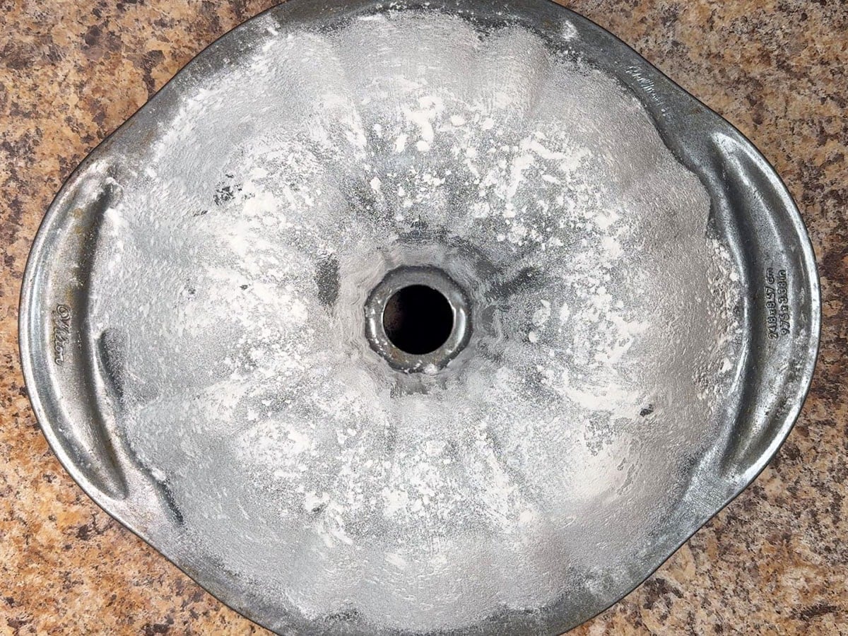 Greased and floured Bundt cake pan.