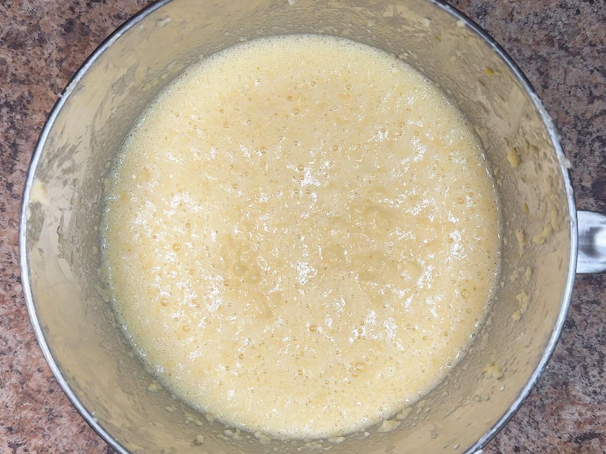 Pound cake batter after the eggs have been mixed in.