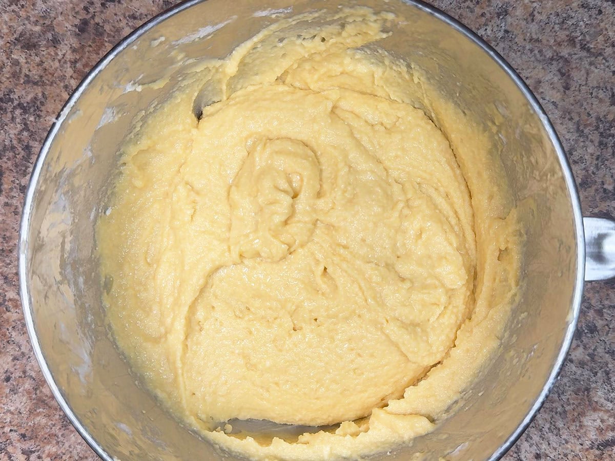 Blueberry pound cake batter after the flour, vanilla, and bourbon have been mixed in.