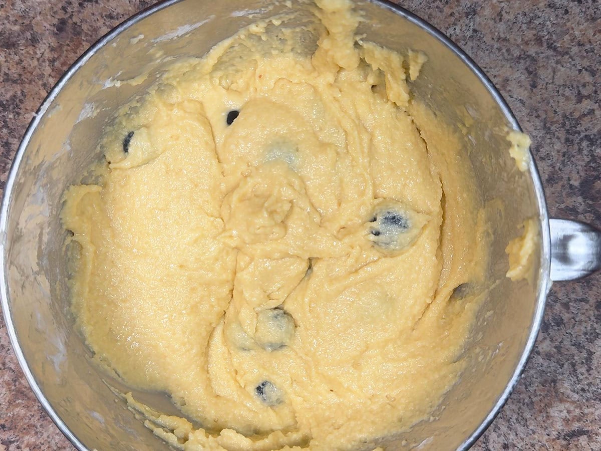 Pound cake batter after fresh blueberries have been folded in.