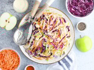 Serving dish of apple cabbage slaw with purple cabbage, shredded carrots, extra dressing and other ingredients arranged on the side.