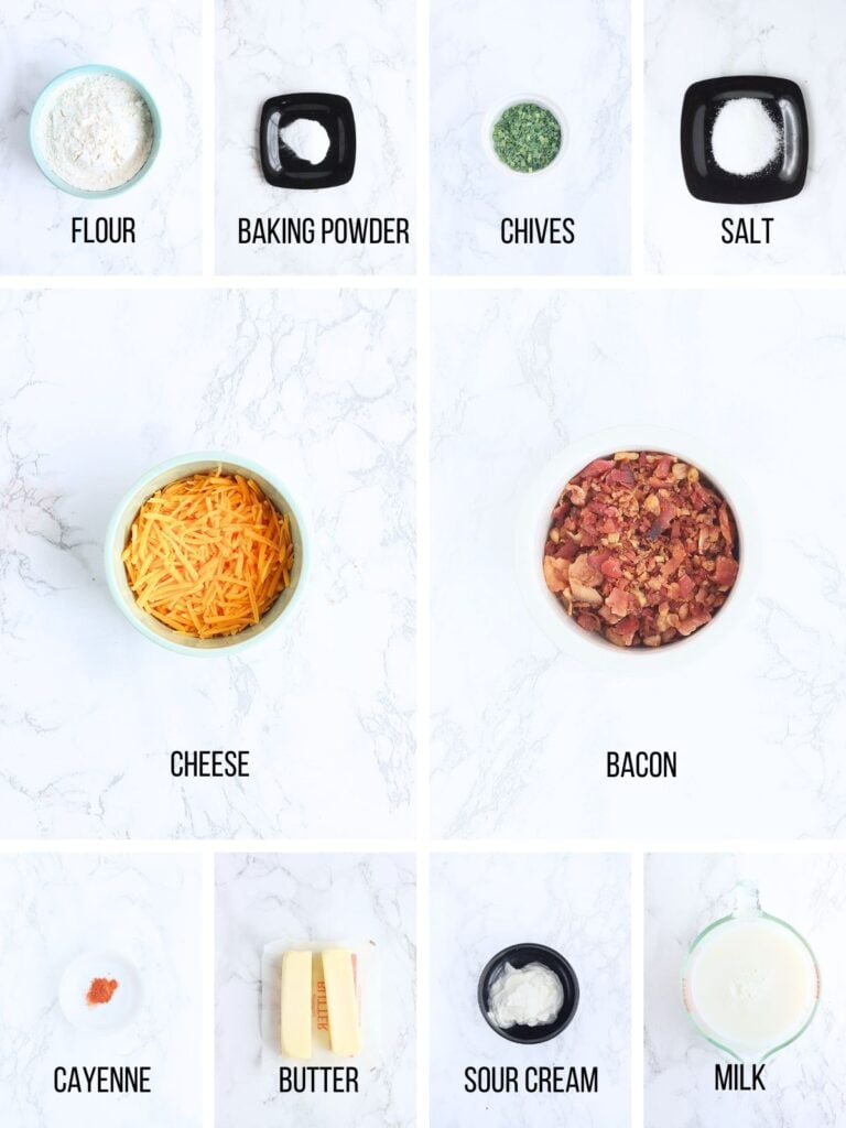 Collage of ingredients needed to make bacon and cheese muffins.