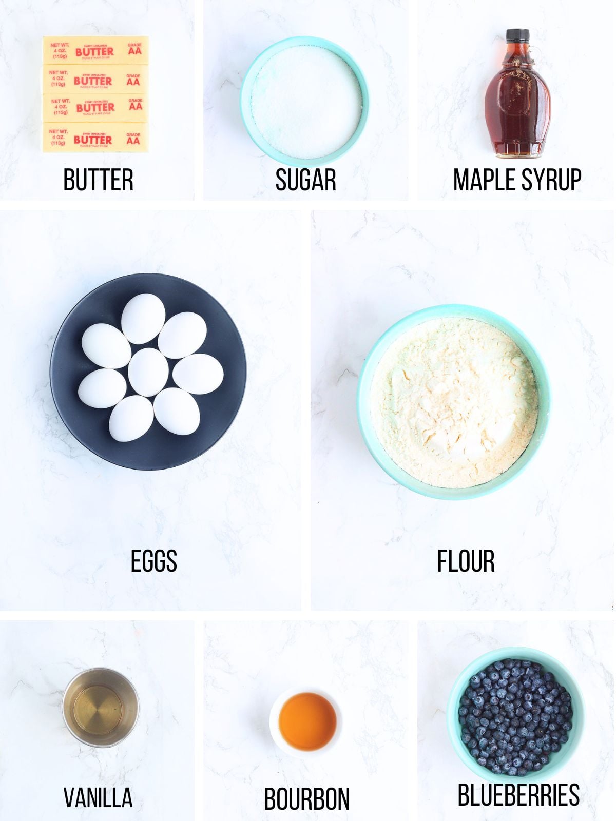 Collage of ingredients needed to make bourbon blueberry pound cake.