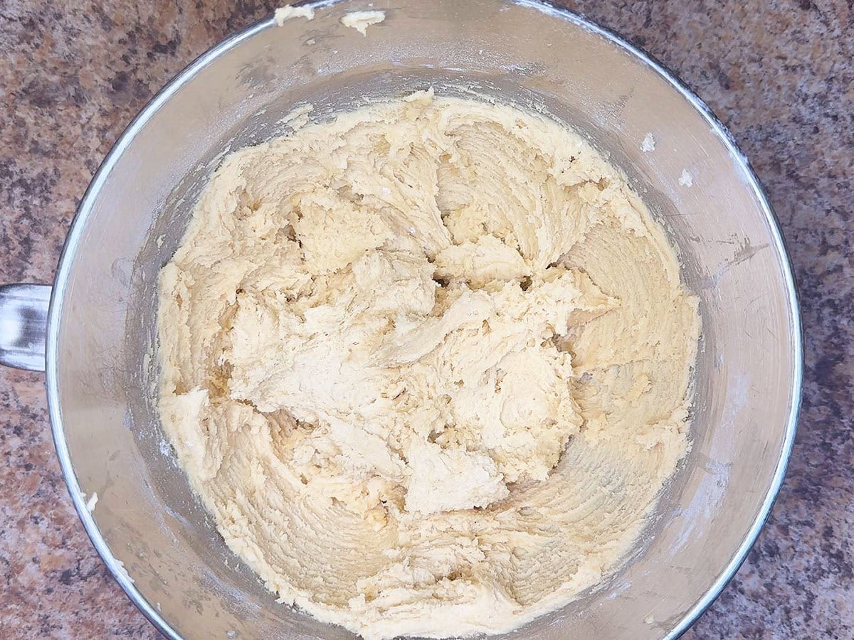 Cookie dough after dry ingredient have been incorporated into the wet ingredients,