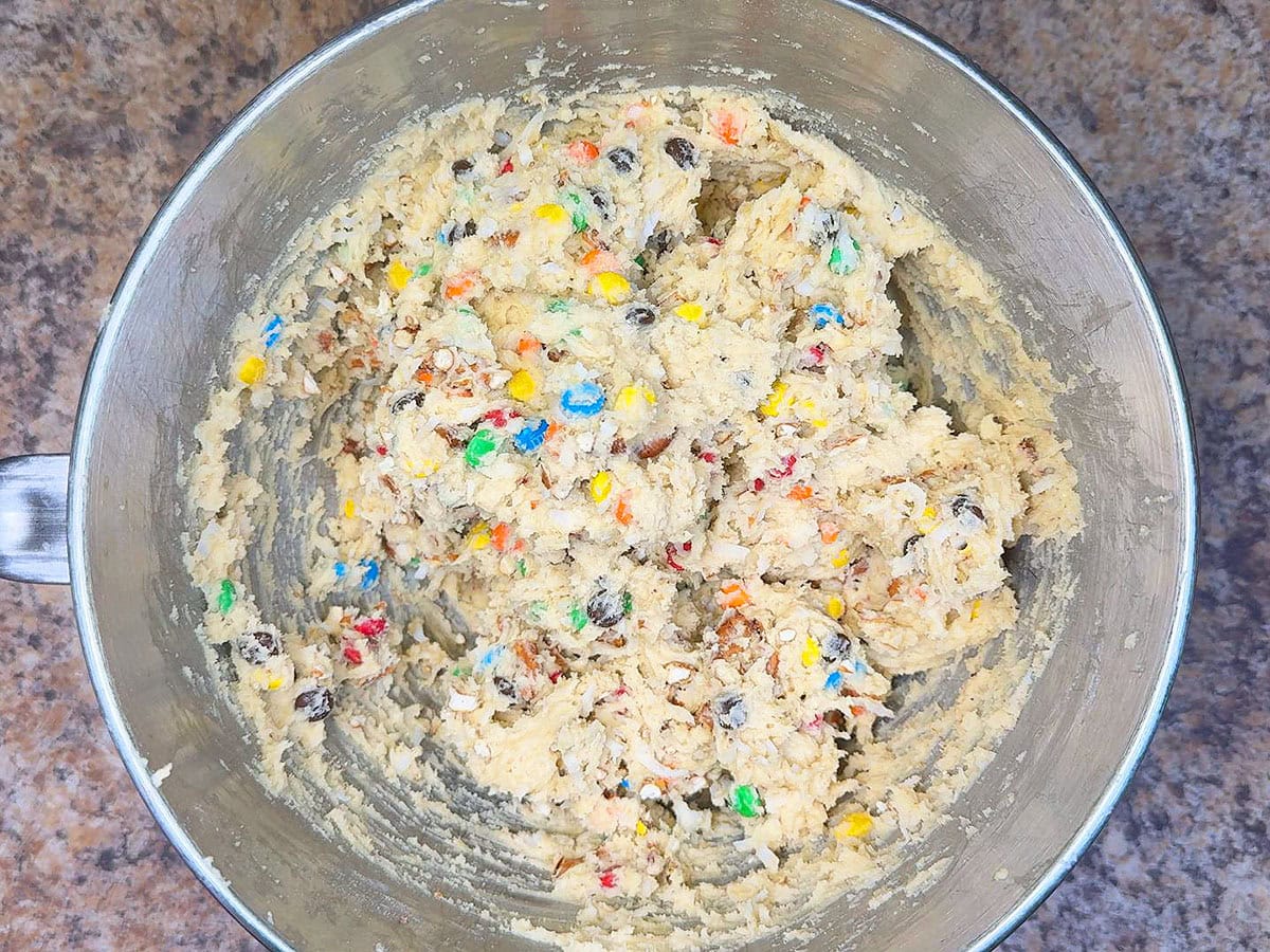 Loaded pretzel cookie dough after all the add-ins have been mixed in.