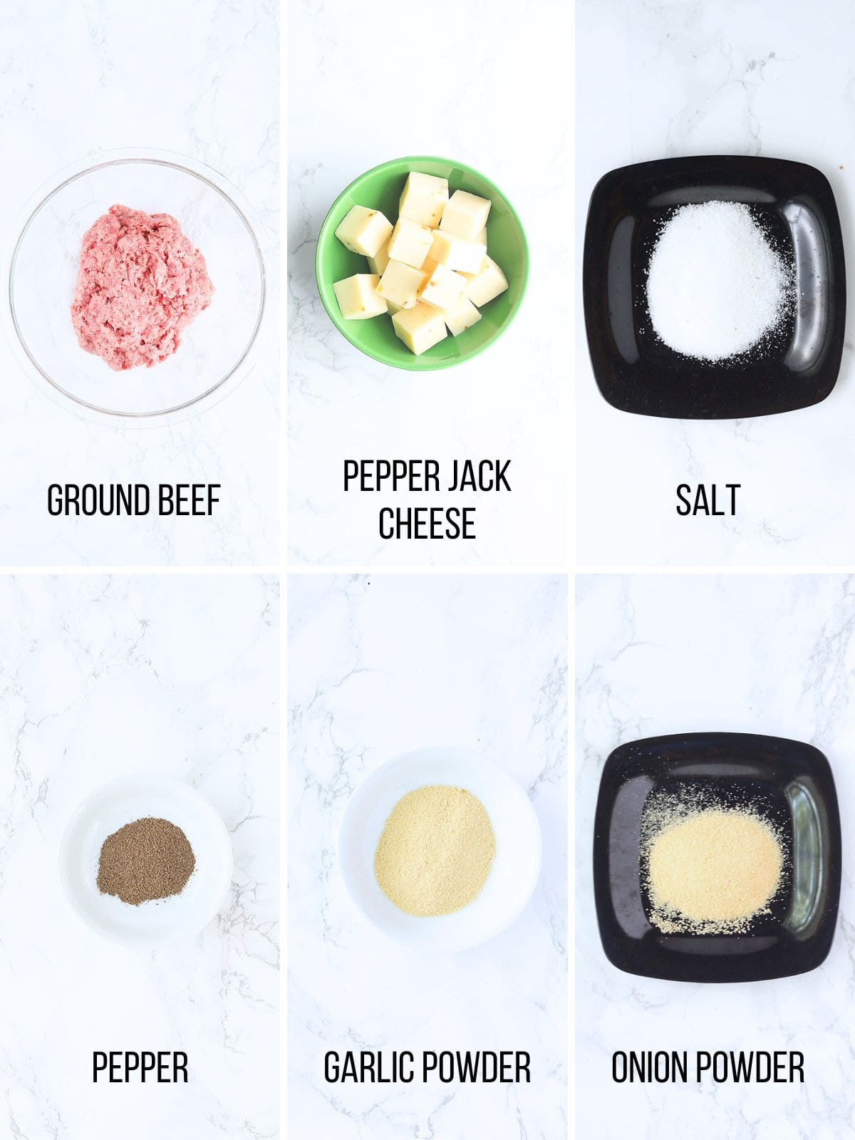 Collage of ingredients needed to make pepper jack stuffed hamburgers.