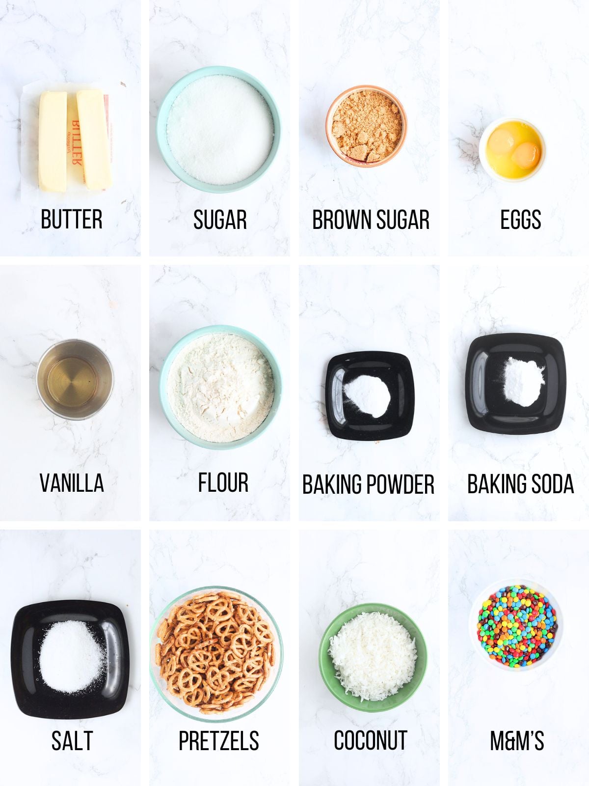 Collage of ingredients needed to make loaded pretzel cookies.