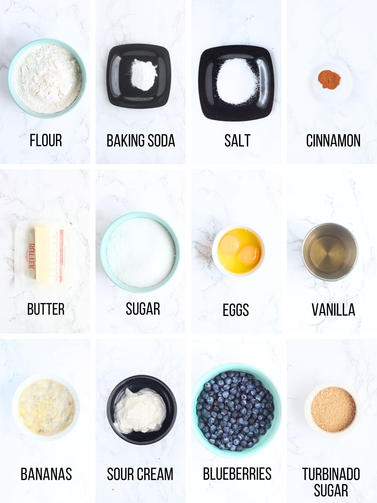 Collage of ingredients needed to make blueberry banana bread.