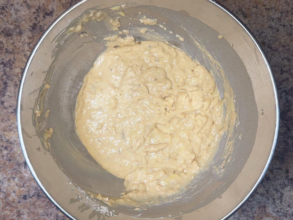 Blueberry banana bread batter after the dry and wet ingredients have been combined.