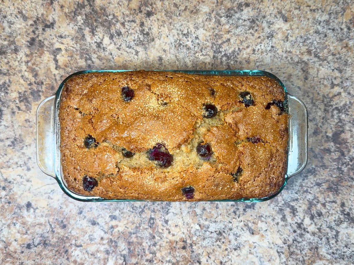 Baked blueberry banana bread fresh from the oven.