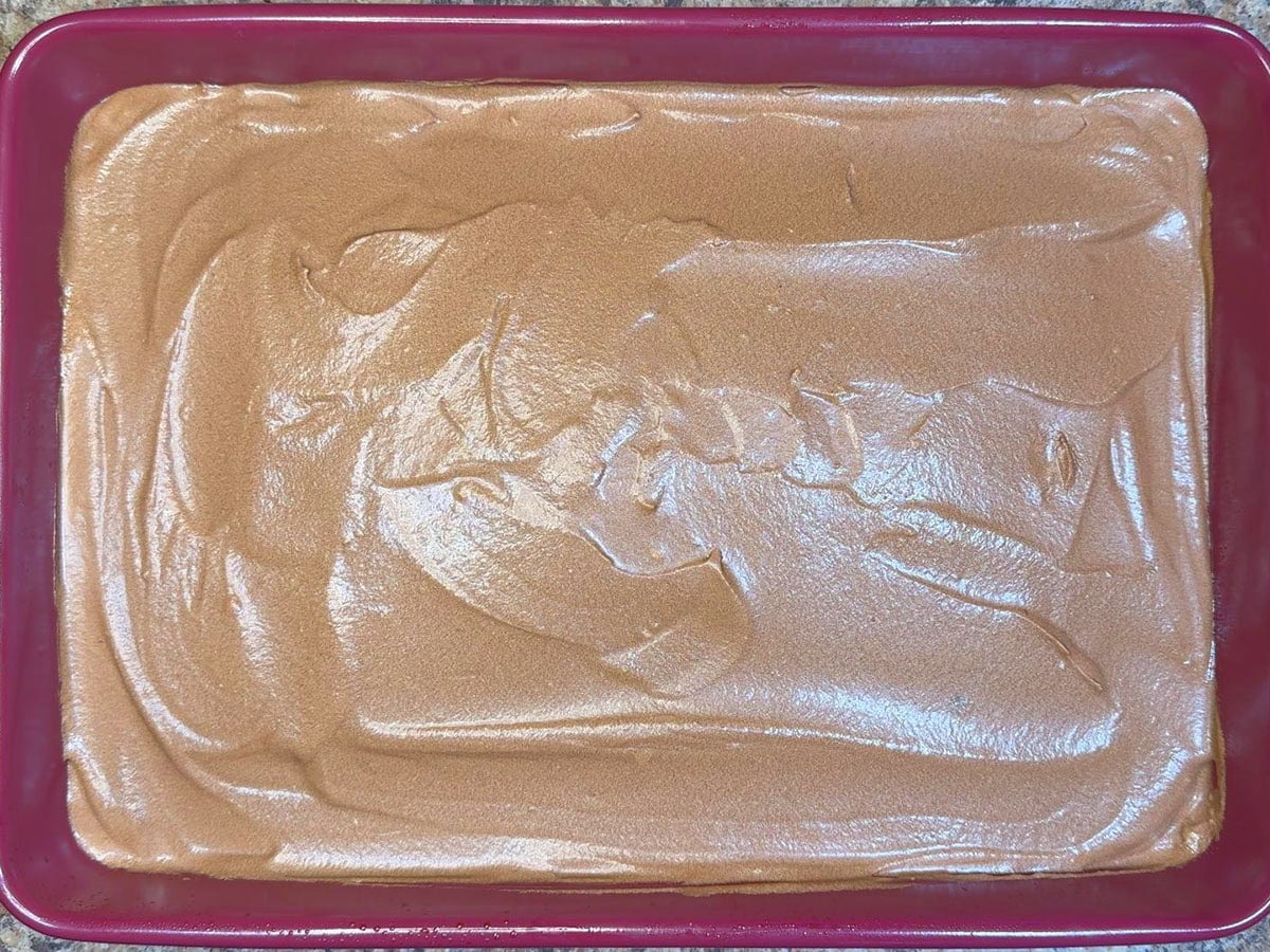 Ice chocolate coca cola cake in a rectangular cake pan.