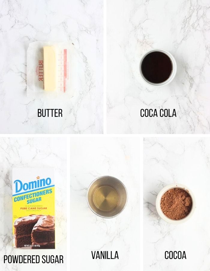 Collage of ingredients needed to make the frosting for chocolate coca cola cake.