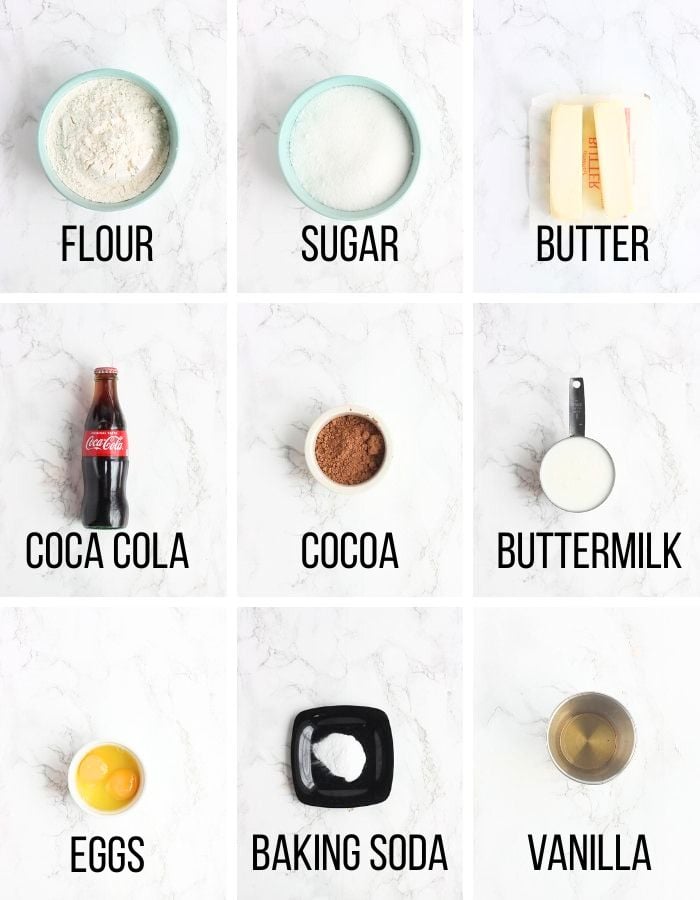 Collage of ingredients needed to make chocolate coca cola cake.