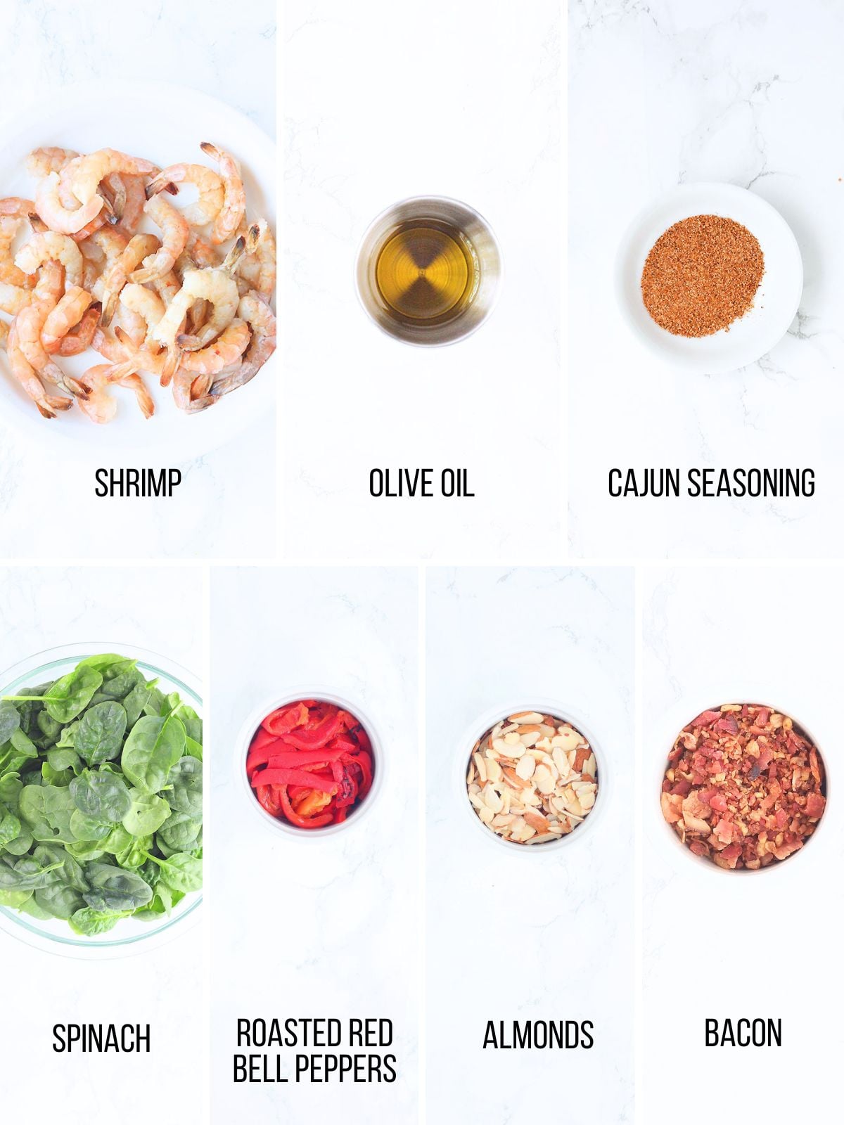 Collage of ingredients needed to make grilled shrimp salad.