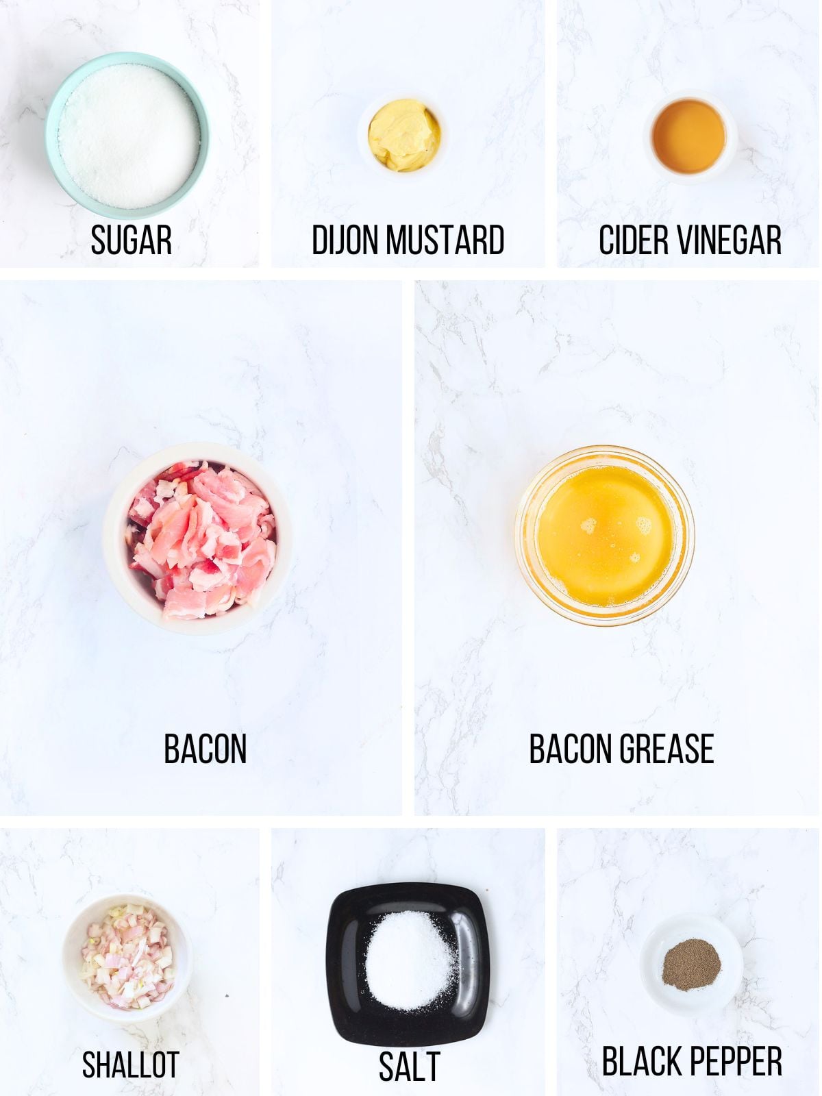 Collage of ingredients needed to make hot bacon dressing.