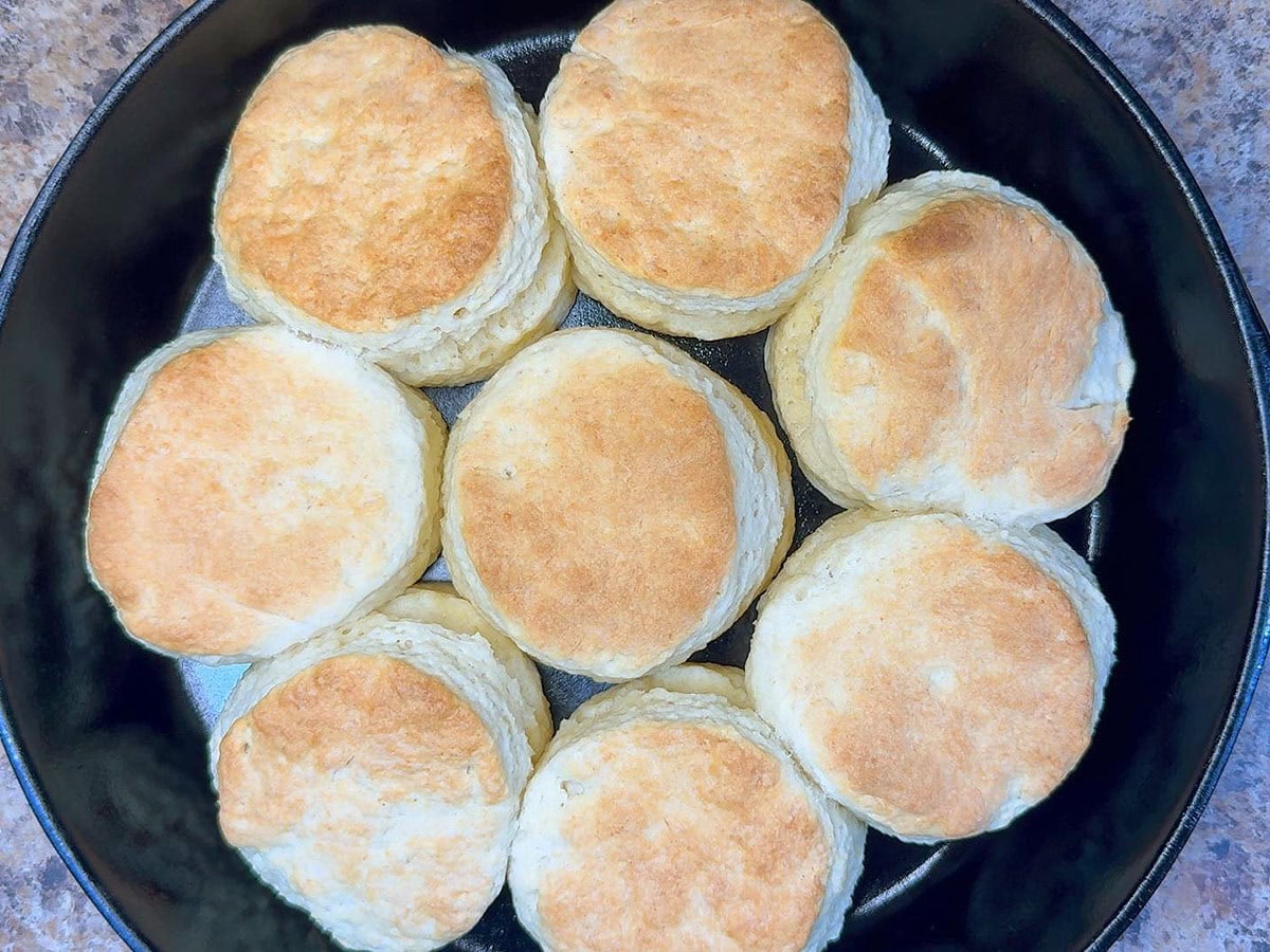 Golden brown baked buttermilk biscuits in a cast iron skillet.