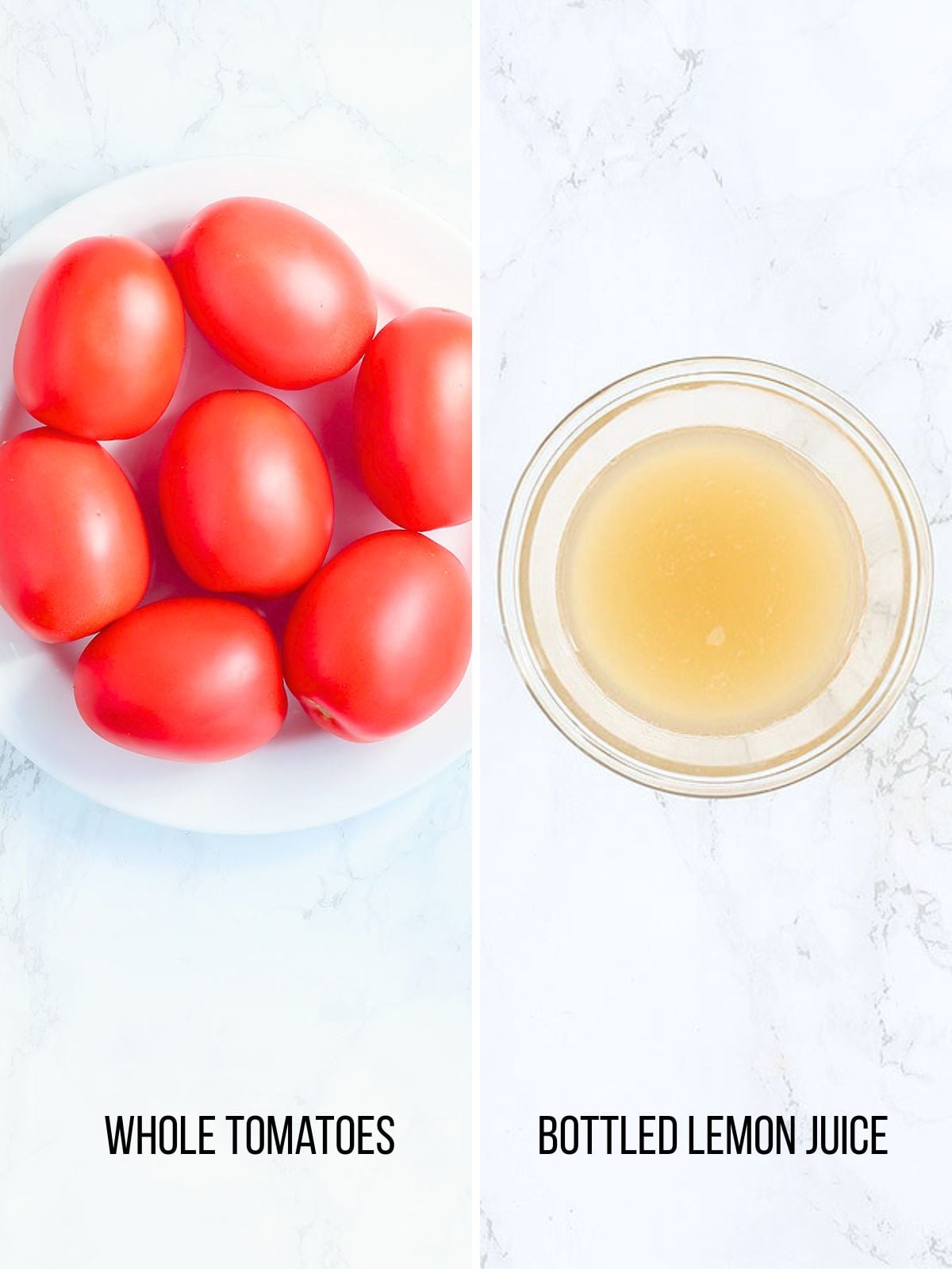 Collage of ingredients needed to can diced tomatoes.