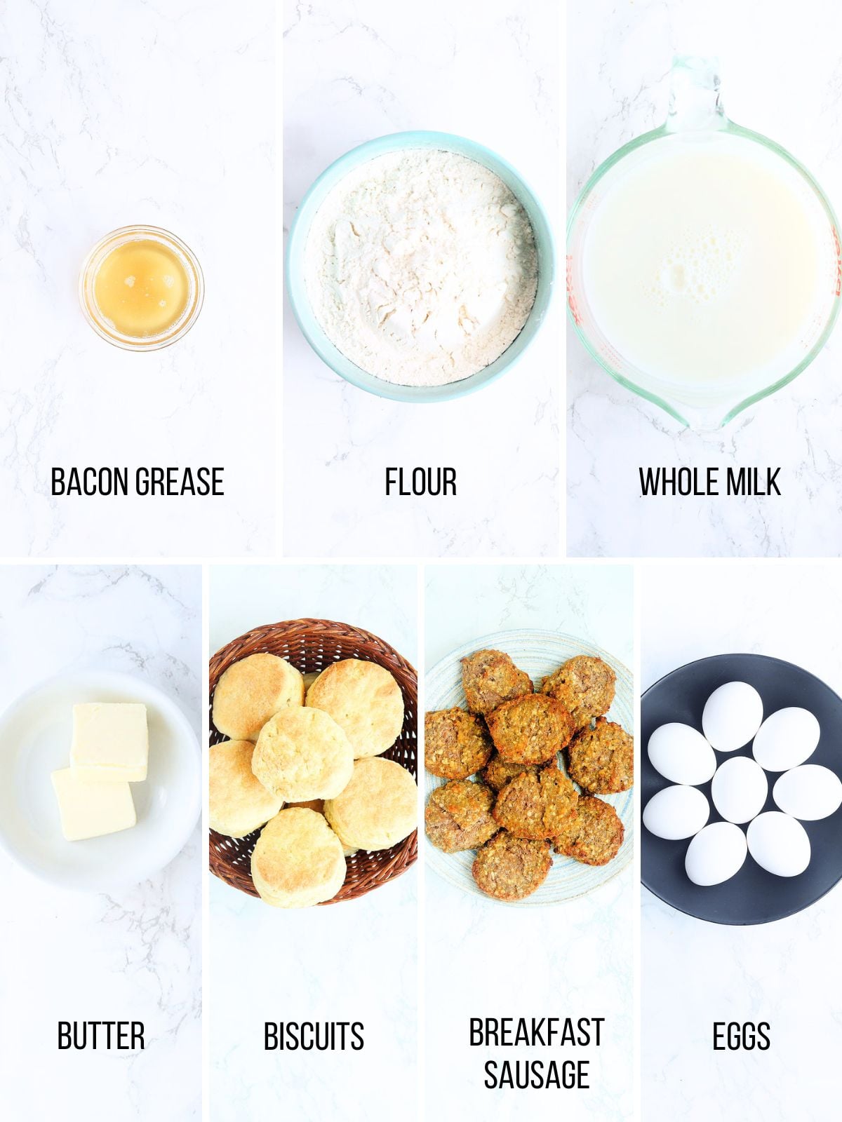 Collage of ingredients needed to make country eggs benedict.