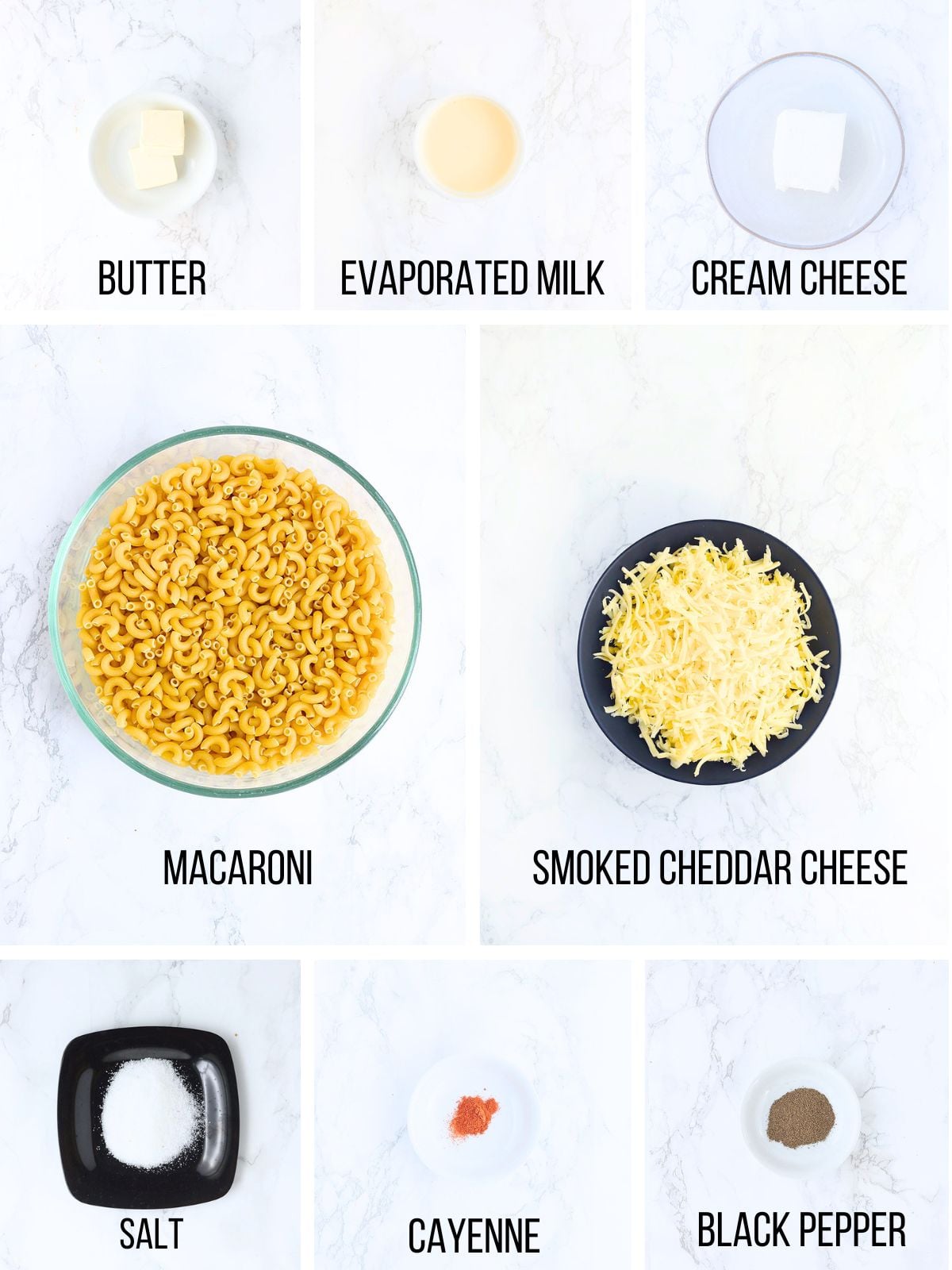 Collage of ingredients needed to make creamy mac and cheese.
