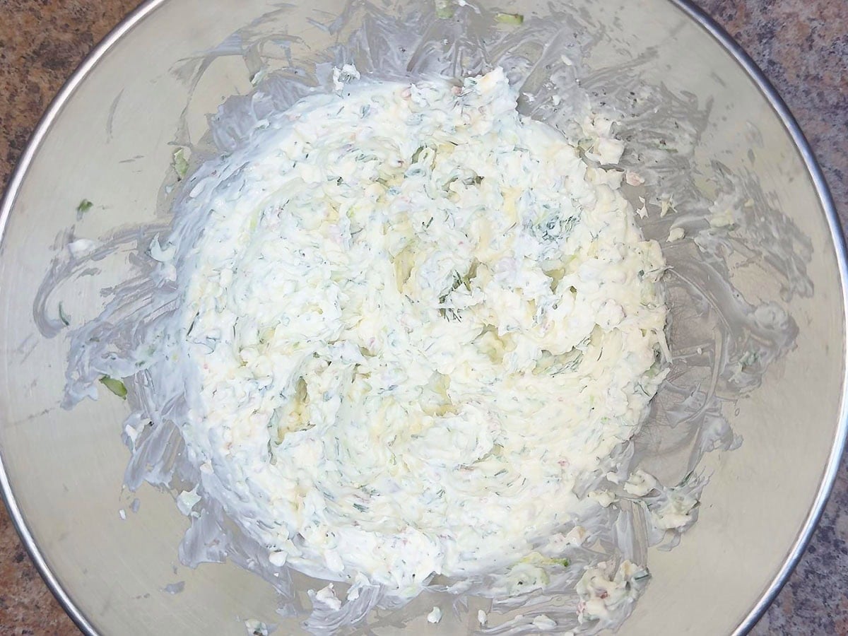 Cream cheese mixture in a mixing bowl.
