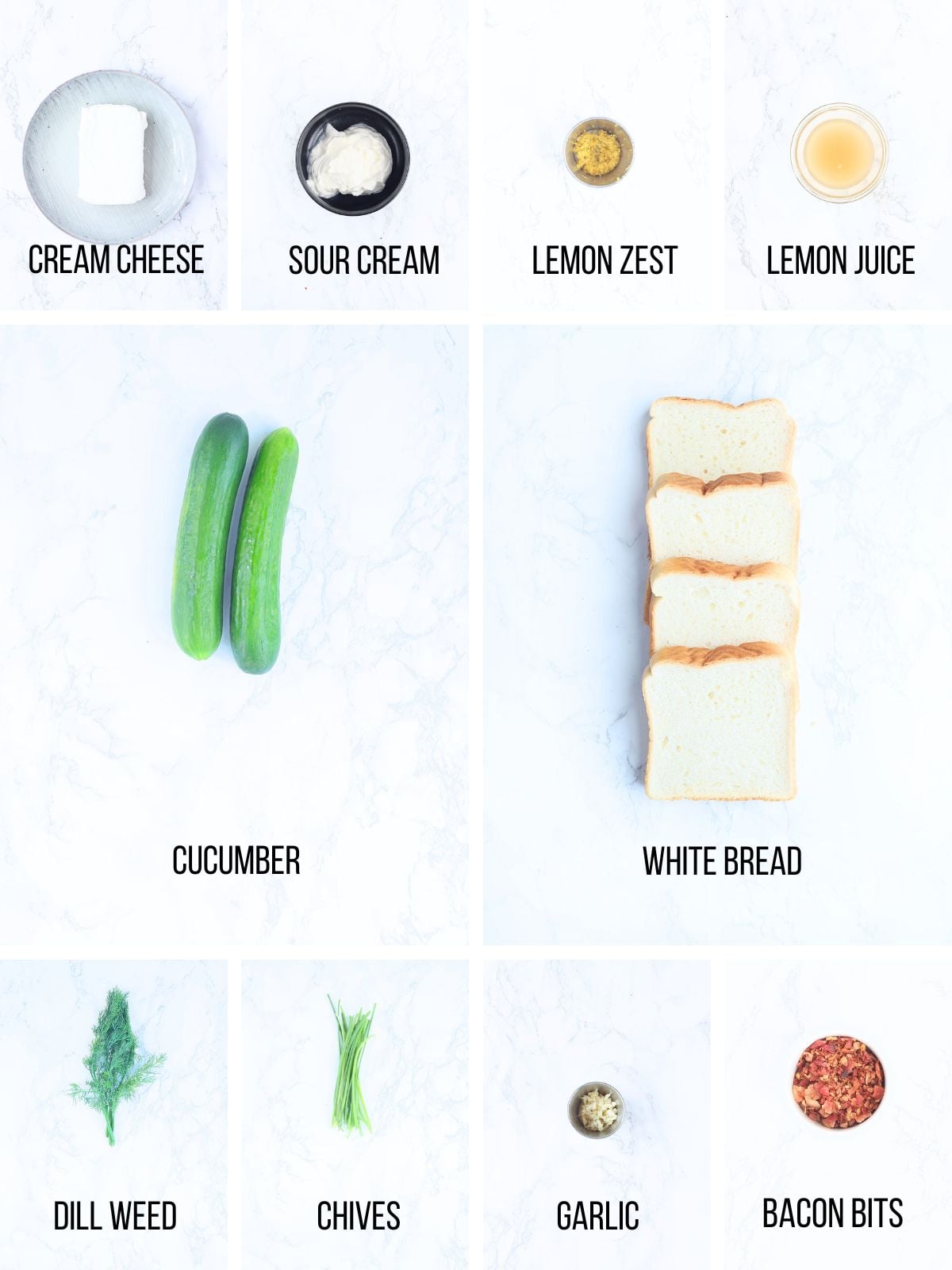 Collage of ingredients needed to make cucumber tea sandwiches.