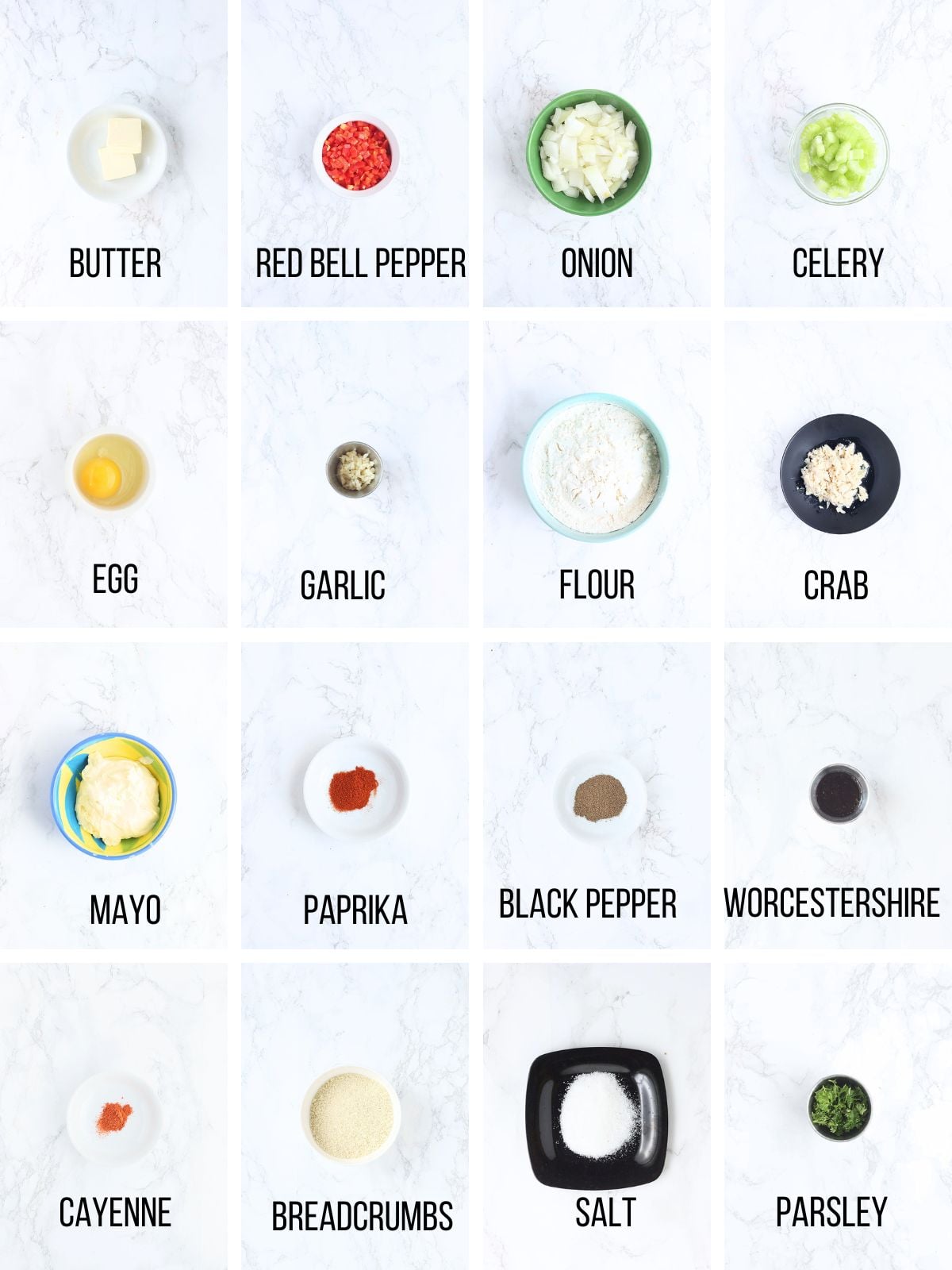 Collage of ingredients needed to make oven baked crab cakes.