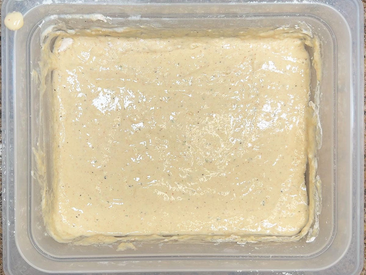 Batter ingredients whisked together in a large bowl.