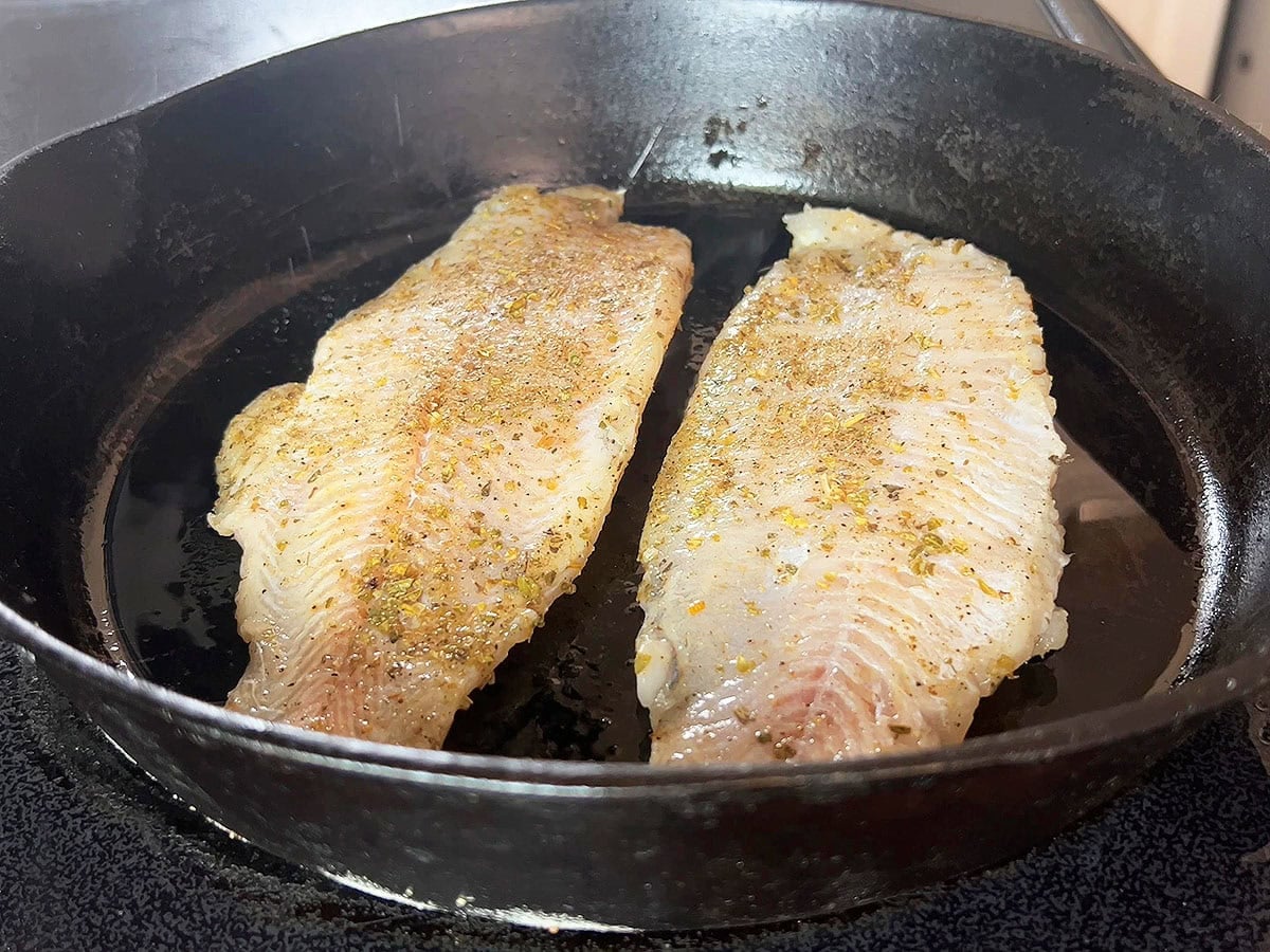 Cooking two catfish fillets in oil in a cast iron skillet.