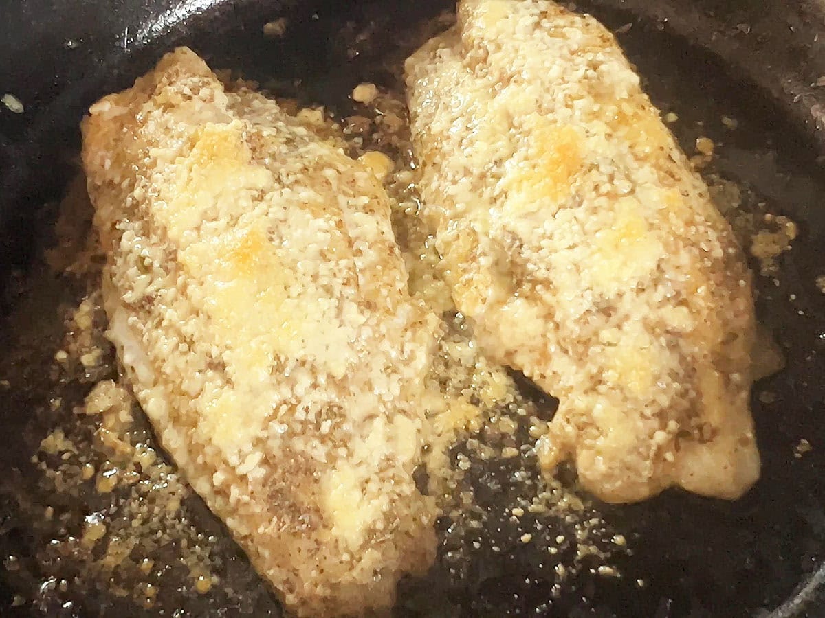 Catfish fillets topped with Parmesan cheese and broiled in the oven.