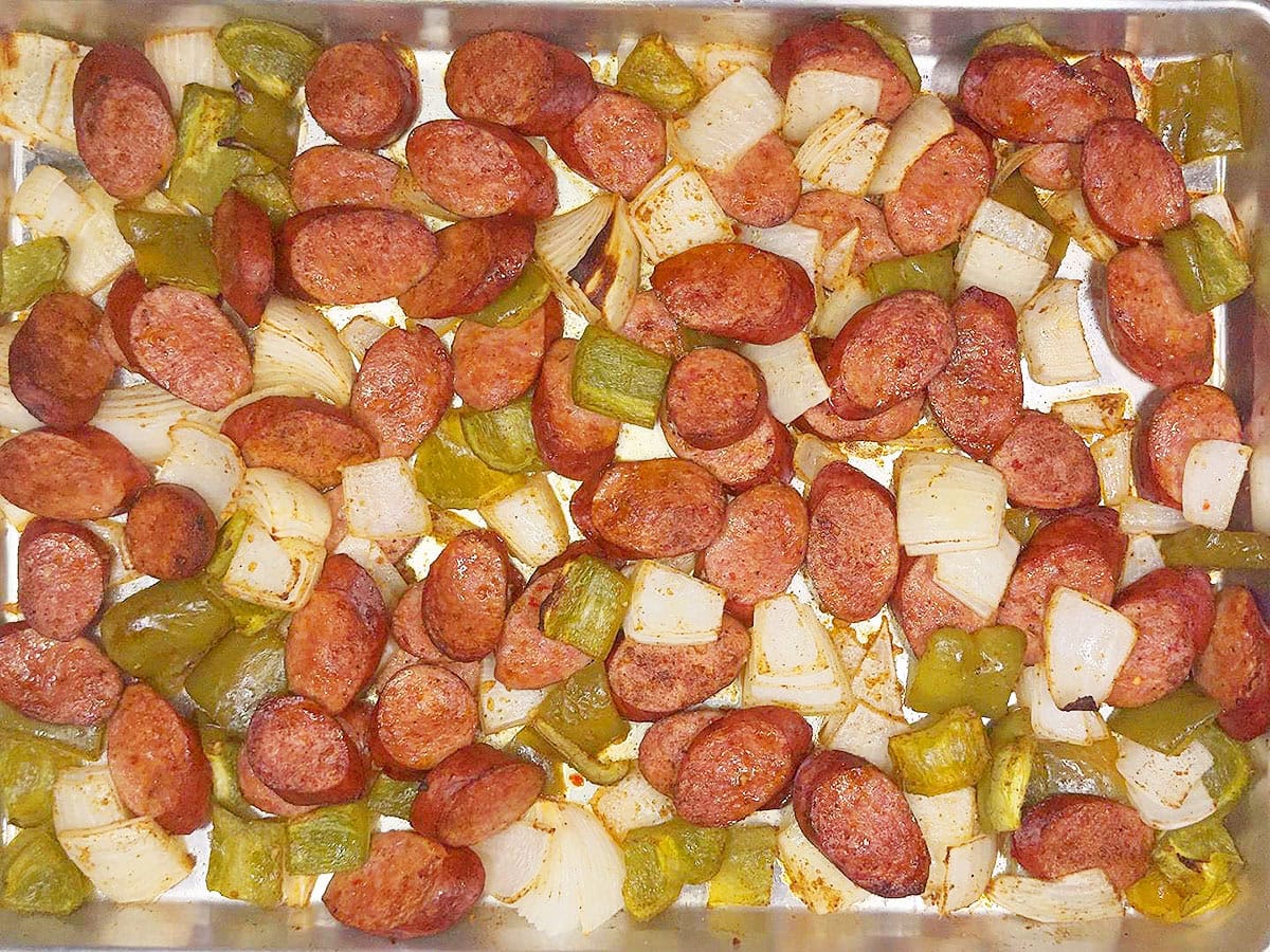 Bell pepper and smoked sausage dinner after it has roasted in the oven for 22 minutes.