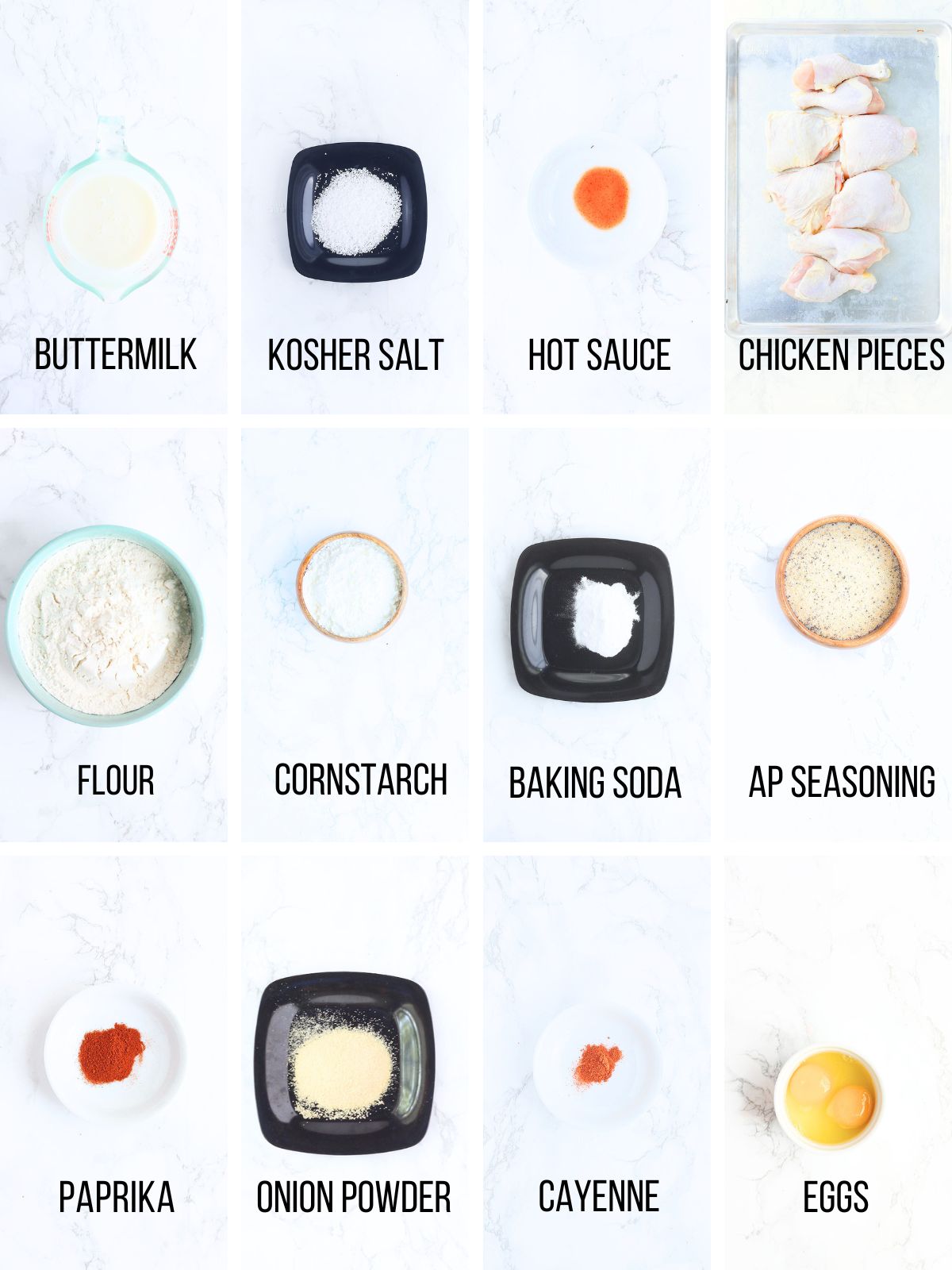 Collage of ingredients needed to make buttermilk brined fried chicken.