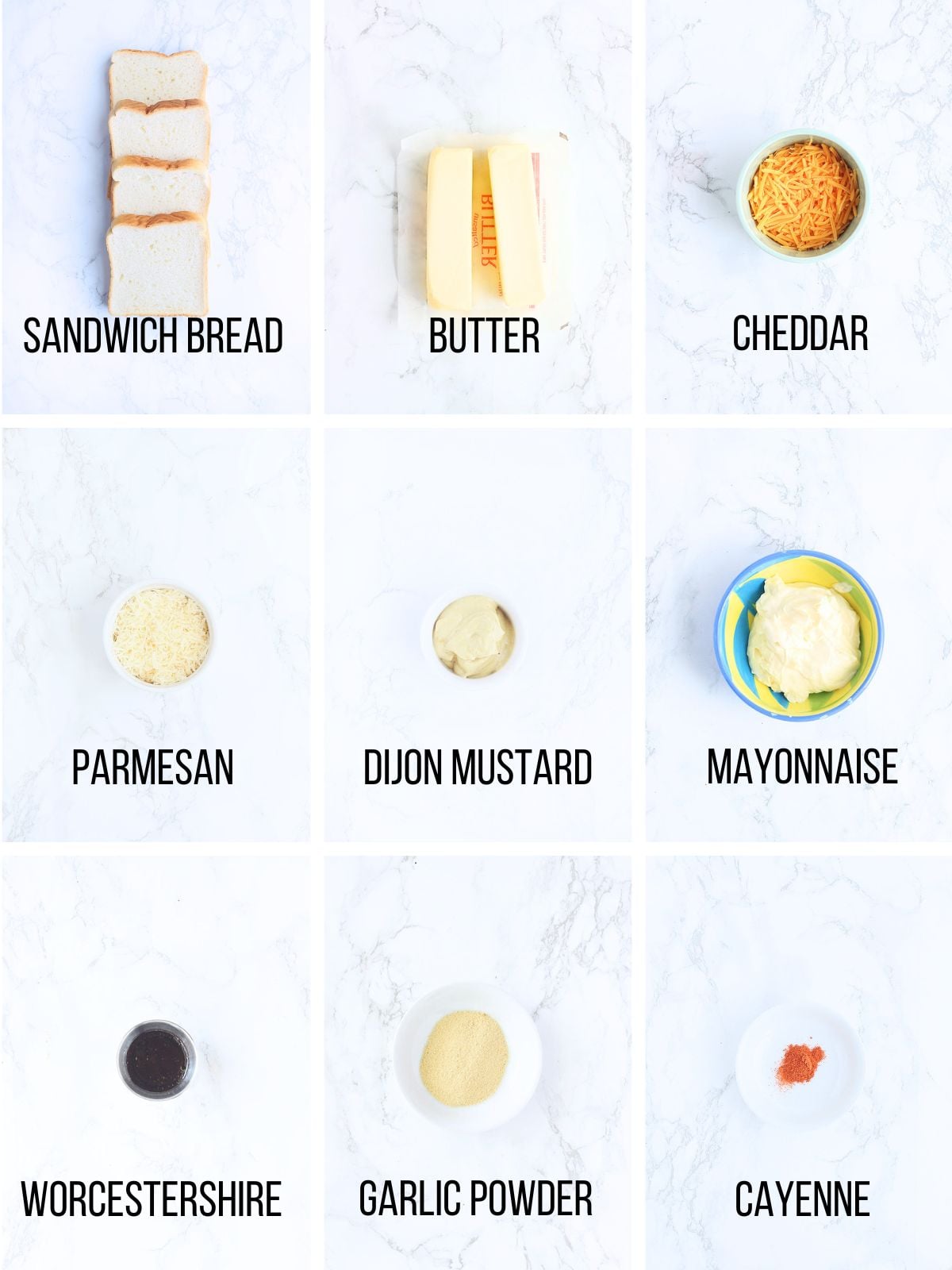 Collage of ingredients needed to make cheese dreams.