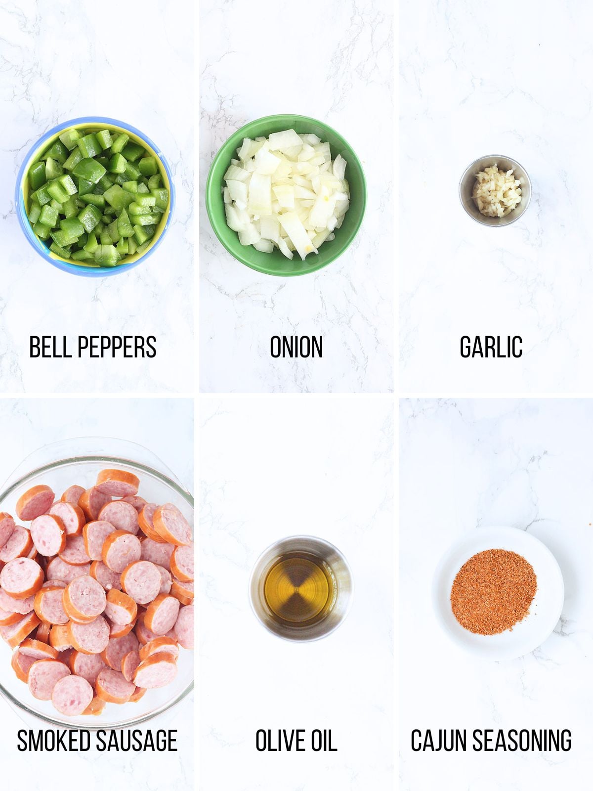 Collage of ingredients needed to make bell pepper and smoked sausage dinner.