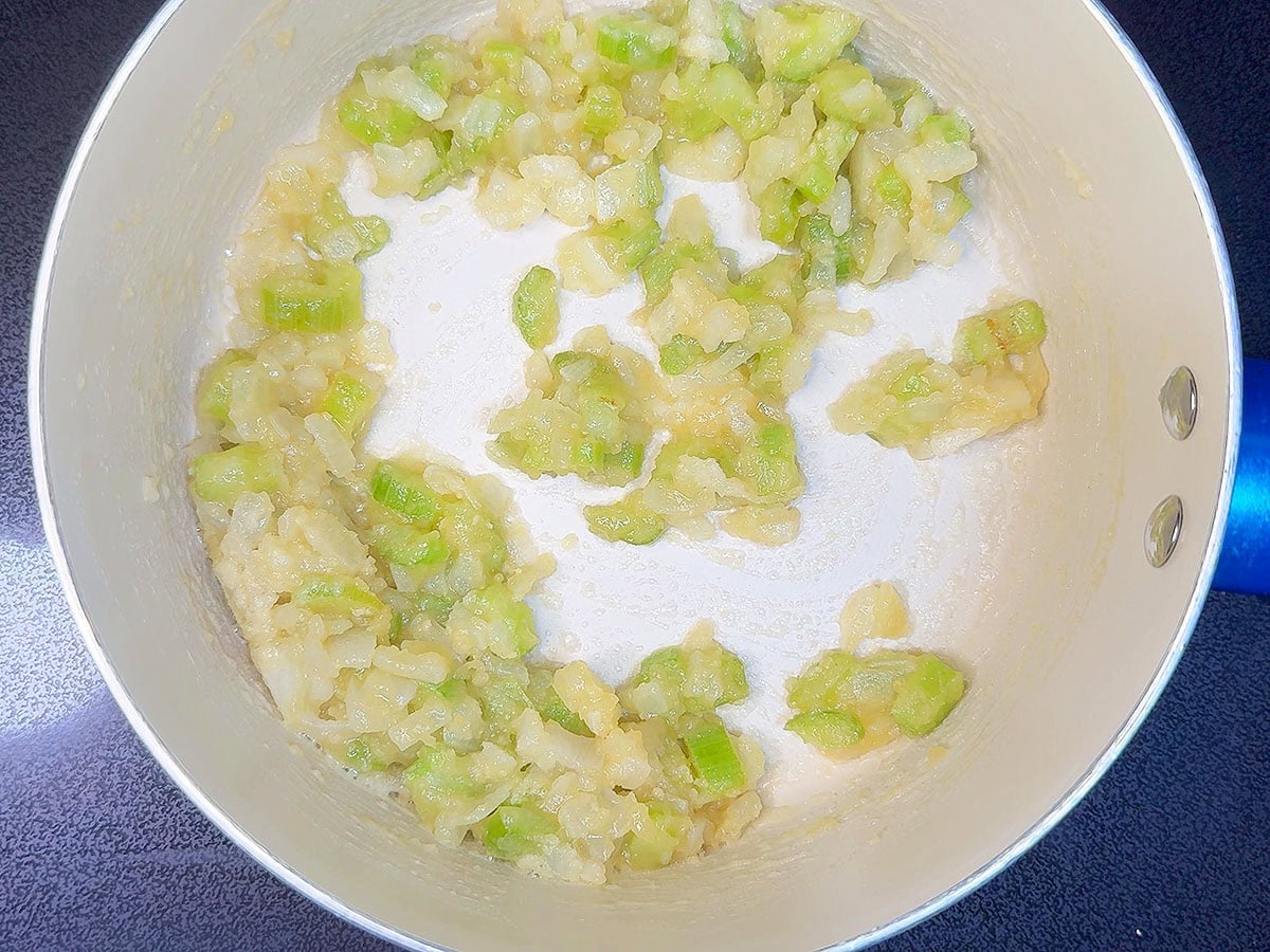 Sauteed celery and onions mixed with flour.