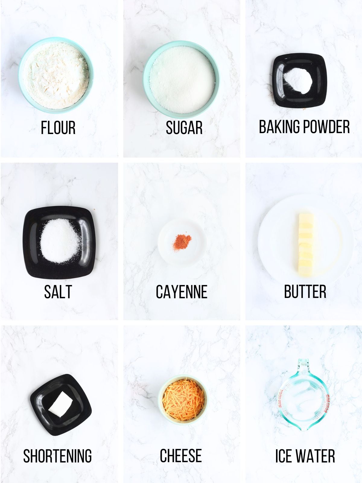 Collage of ingredients needed to make Granny Smith apple pie with cheddar cheese crust.