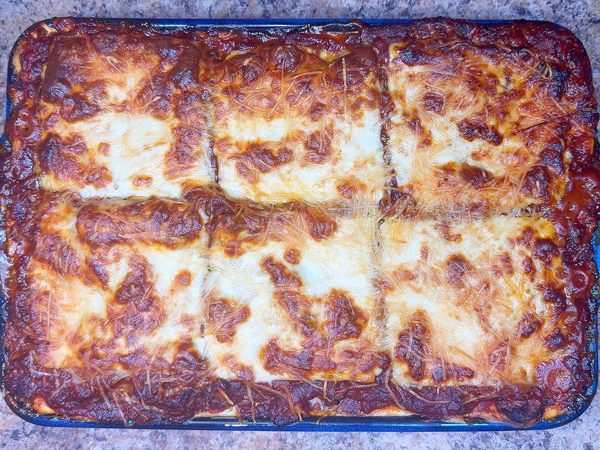 Sausage lasagna resting after it has baked for 55 minutes.