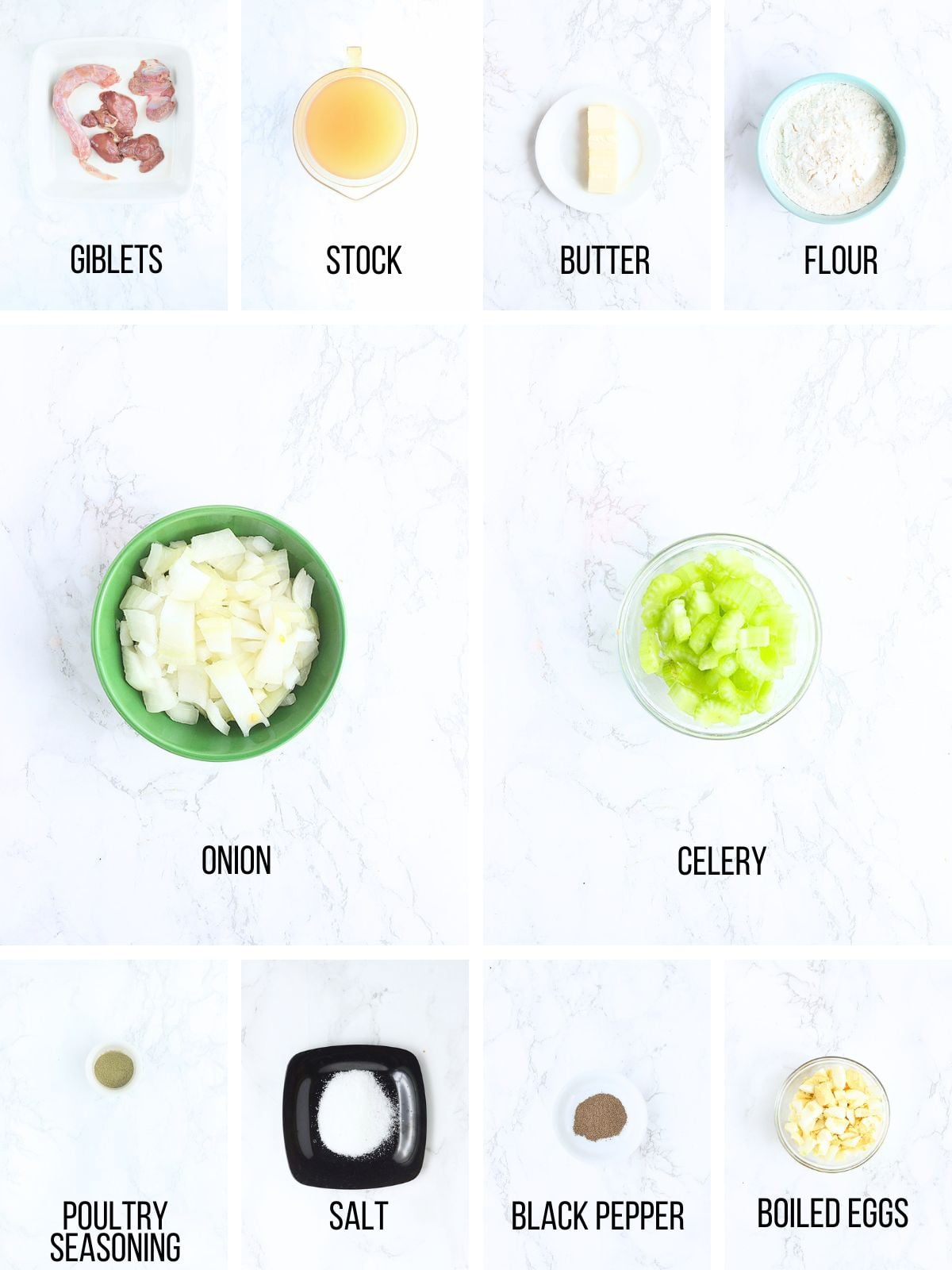 Collage of ingredients needed to make giblet gravy.