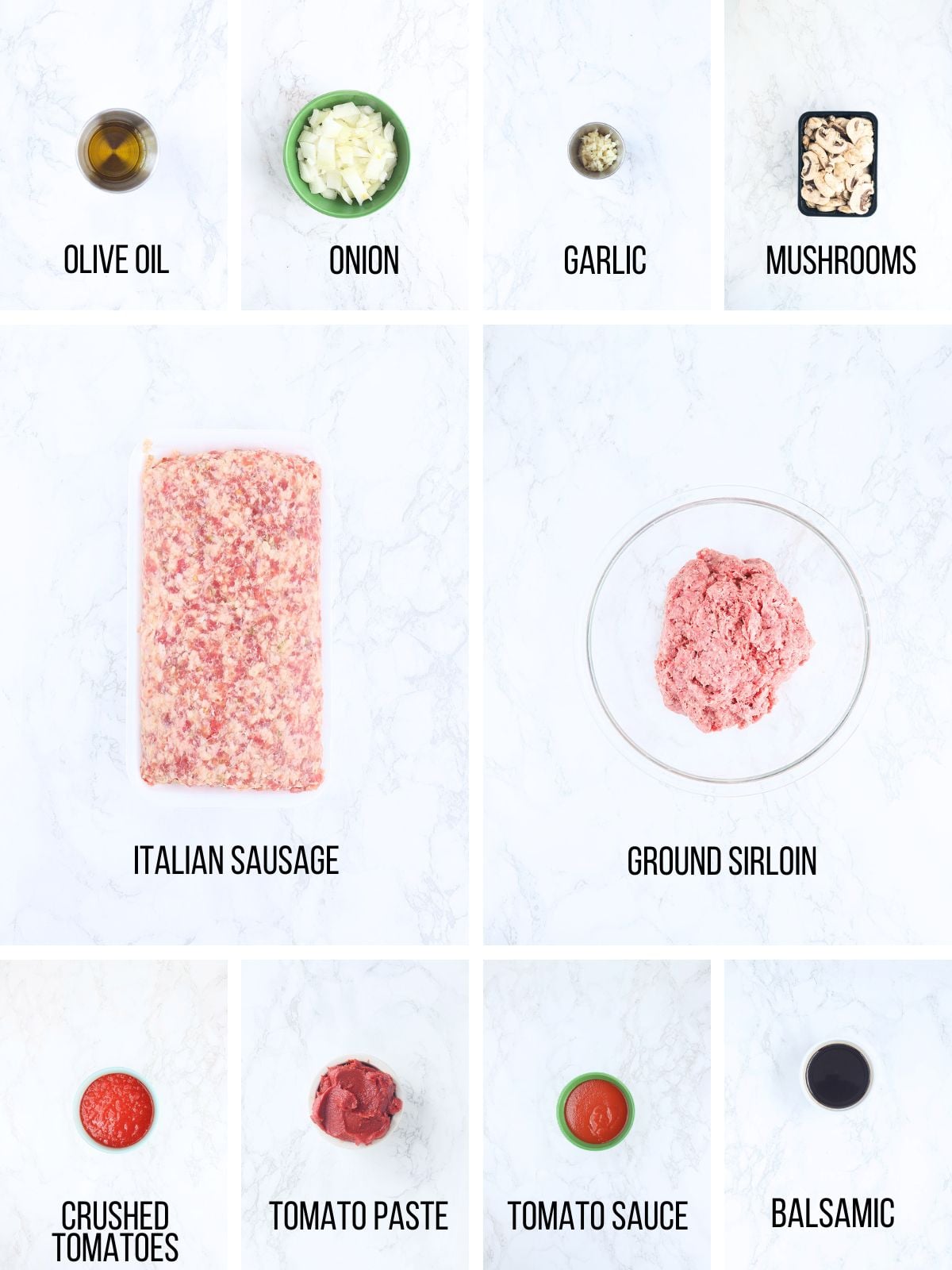 Collage of ingredients needed to make sausage lasagna.