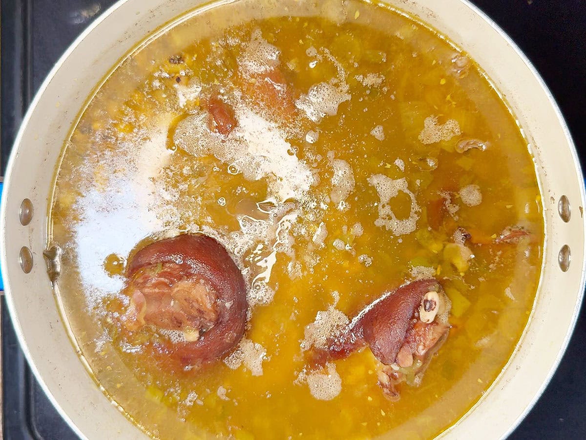 Black eyed pea soup after it has simmered for two hours,