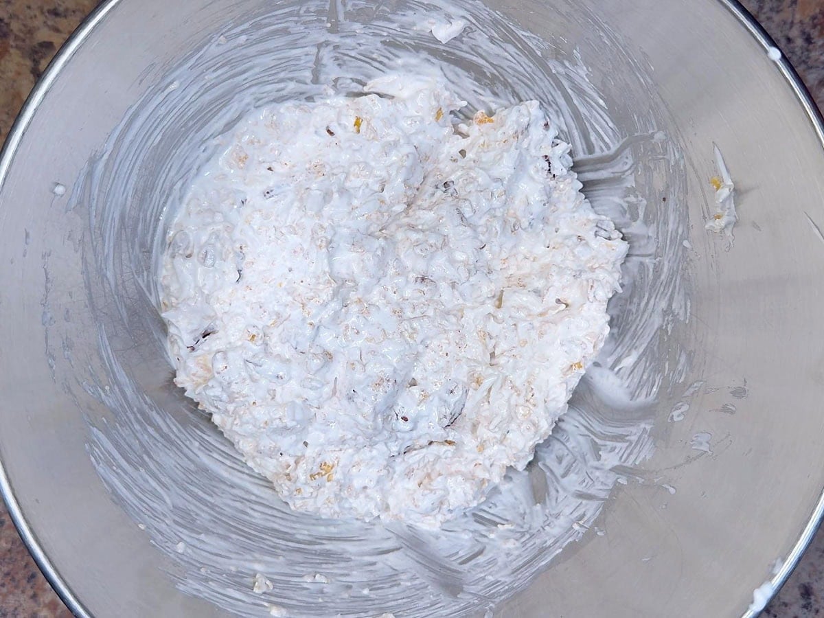 Coconut, pecans, and cornflakes folded into the egg white mixture.