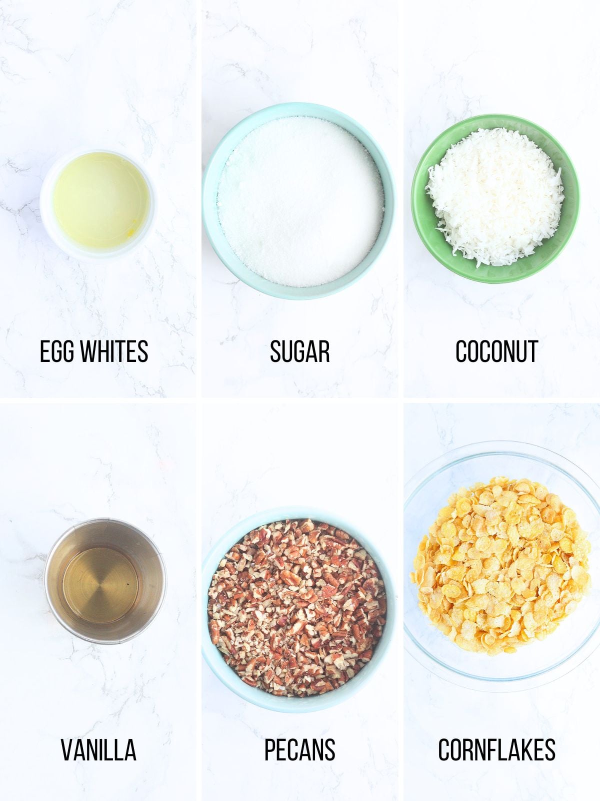 Collage of ingredients needed to make coconut and cornflake cookies.