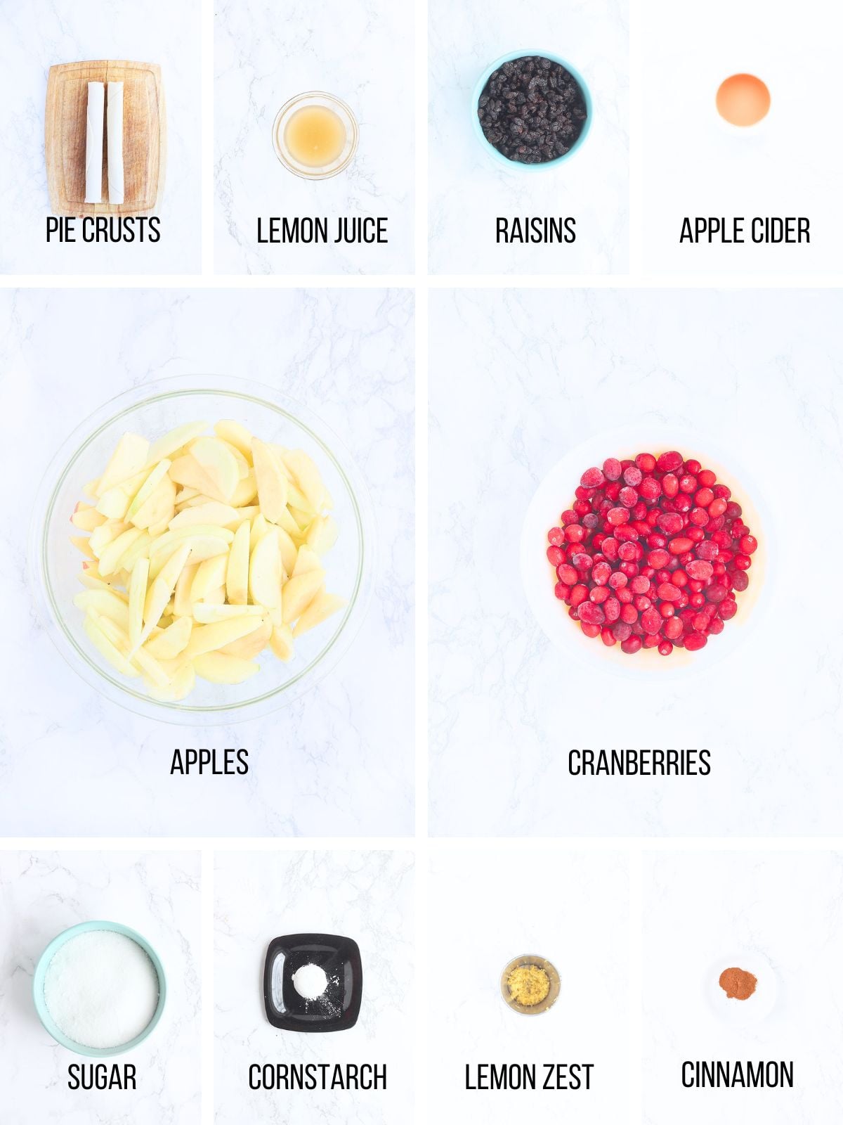 Collage of ingredients needed to make cranberry apple pie.
